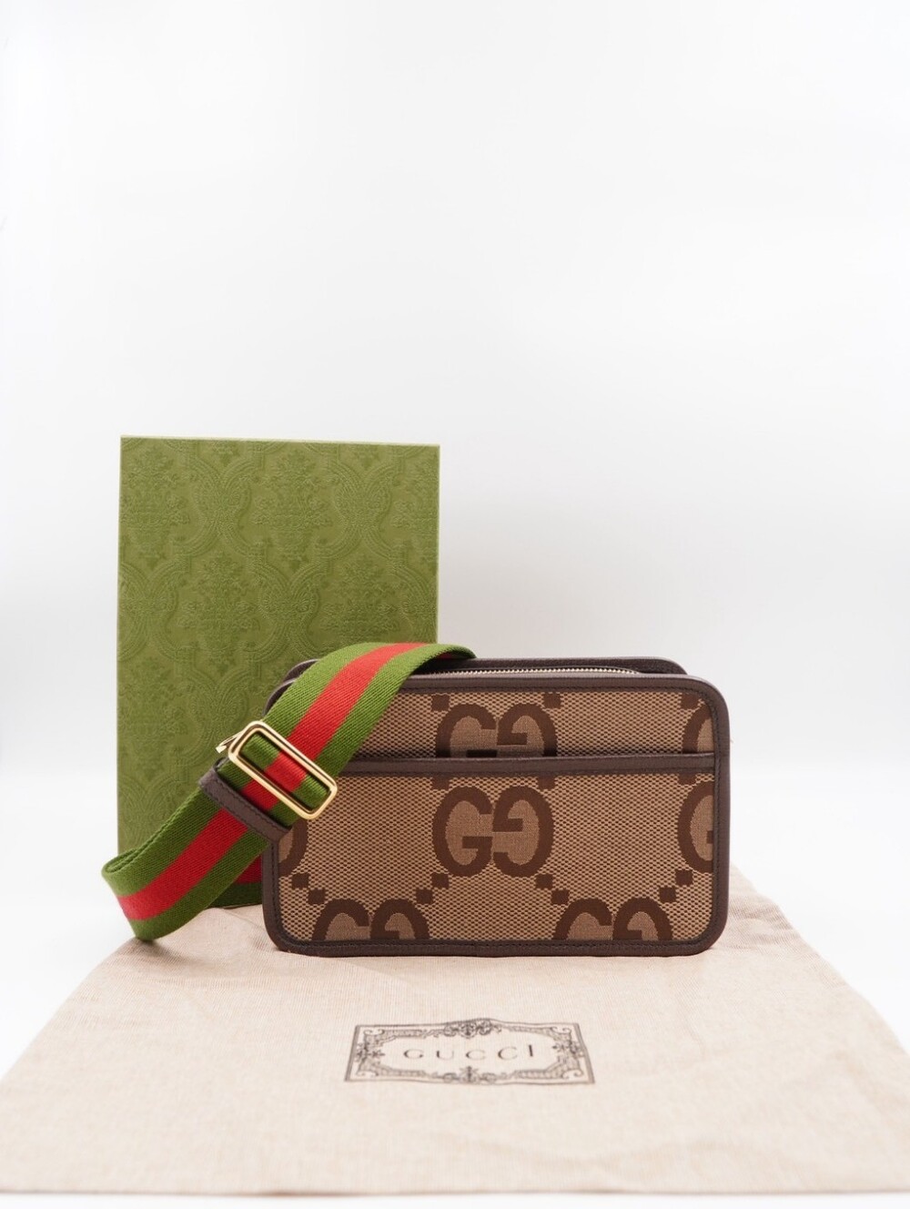 CM42 💗 Gucci Monogram Jumbo GG Textured Dollar Calfskin Web Mini Crossbody Bag